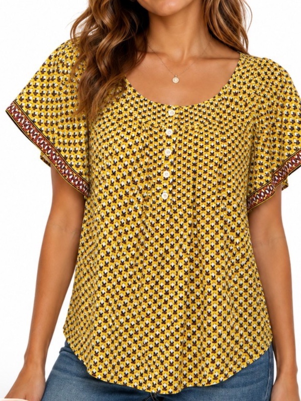 Women's Yellow Floral Flutter-Sleeve Dress lightweight button details SZ MD